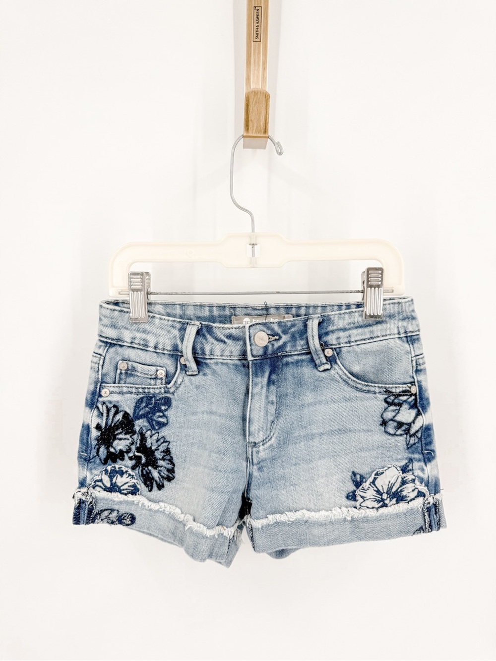 Tractr Light Blue Denim Shorts with Navy Floral Embroidery